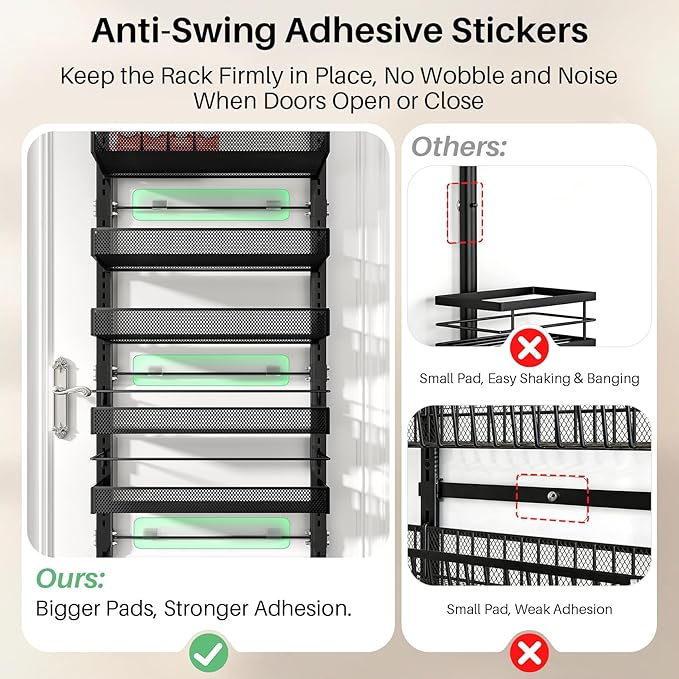 SNTD 8 Tiers Over the Door Organizer - Height Adjustable Pantry Organizers and Storage with Dense Mesh Baskets, Anti-Swing Hanging Door Spice Rack for Kitchen Bathroom (Black, 17" W x 6" D x 69" H) - Image 6