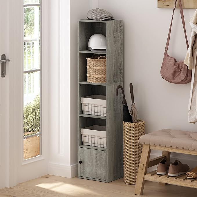 Furinno LUDER Book Shelf, 5-Tier Modern Bookshelf, Bookcase with 1 Door Storage Cabinet, 9.3 x 12 x 52, for Organization and Storage, for Living Room, Bedroom, Home Office, French Oak - Image 4