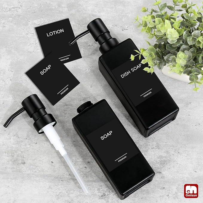GMISUN Black Soap Dispenser, Hand Soap Dispenser Bathroom, 12 fl oz/350ml Glass Soap Dispensers with Stainless Steel Pump, Refillable Liquid Dish Dispensers for Kitchen, Modern Soap and Lotion Bottle - Image 6