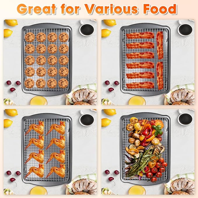 Baking Sheet with Wire Rack, 17 x 12 Inch Nonstick Cookie Sheets Pan Set with Cooling Racks for Cooking and Baking, Carbon Steel Baking & Cookie Sheet Pan Oven Tray Non Toxic (2 Pans + 2 Raised Racks)