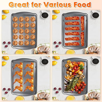 Baking Sheet with Wire Rack, 17 x 12 Inch Nonstick Cookie Sheets Pan Set with Cooling Racks for Cooking and Baking, Carbon Steel Baking & Cookie Sheet Pan Oven Tray Non Toxic (2 Pans + 2 Raised Racks)