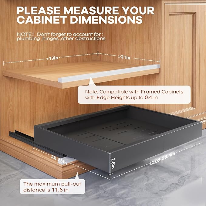 Seinloes 2Pack Expandable Pull Out Cabinet Organizer 21"Deep with Raising Pad for Framed Cabinets, Upgrade 3 Slide Rails Slide Out Drawers, Roll Out Shelves Adhesive,Adjustable Width 12.05"-20.4"Black - Image 5
