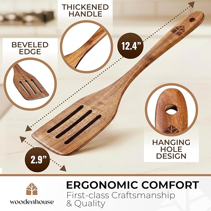 Wooden Spatula for Cooking - Non-Scratch, Sturdy, Natural Teak Cooking Utensils - Easy to Clean Wooden Spatula Set with Turner, Scraper, Slotted & Frying Wood Spatulas, Jar Scraper, Spoonula - 6 Pcs - Image 4