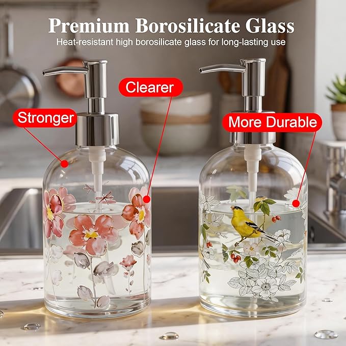 17oz Glass Soap Dispenser with Plastic Pump, 2 Pack Refillable Kitchen Soap Dispenser for Dish Soap, Soap Dispenser Bathroom for Hand Soap, Lotion, Body Wash