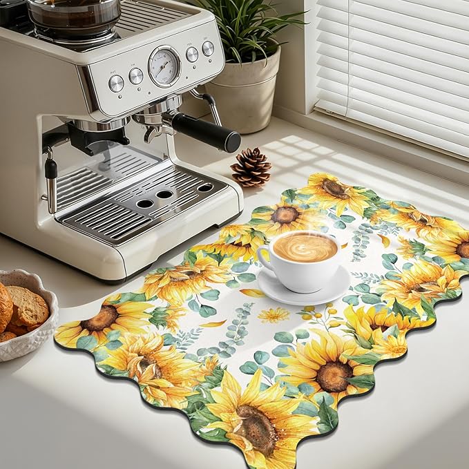 LOKHOM Scalloped Floral Dish Drying Mat, 12"x20" Super Absorbent Coffee Mat with Watercolor Yellow Sunflowers, Cuttable Hide Stain Non-slip Drying Mat for Kitchen Counter Coffee Maker Espresso Machine - Image 4