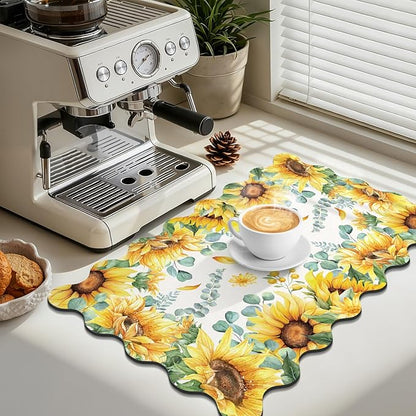 LOKHOM Scalloped Floral Dish Drying Mat, 12"x20" Super Absorbent Coffee Mat with Watercolor Yellow Sunflowers, Cuttable Hide Stain Non-slip Drying Mat for Kitchen Counter Coffee Maker Espresso Machine - Image 4