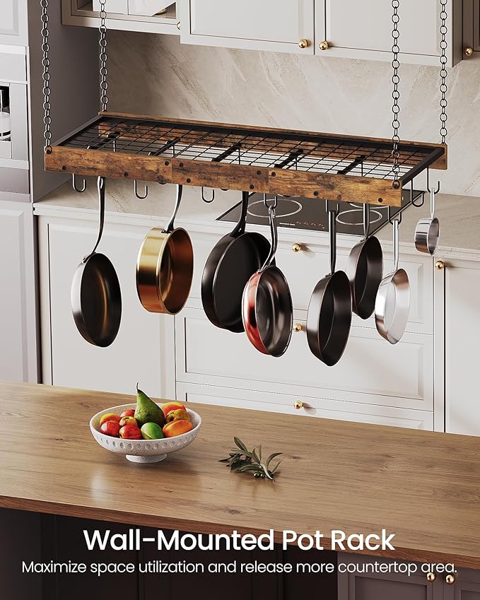 CHOEZON Hanging Pot Rack, Ceiling Wall Mounted Pot Rack for Kitchen, Industrial Style Pot Hanger with 18 Hooks, Cookware Storage Organizer, for Pots and Pans, Rustic Brown and Black TPR12BFC1 - Image 2
