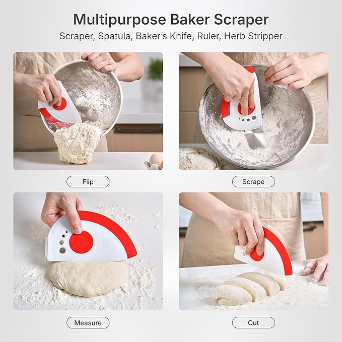 5-in-1 Dough Scraper & Flexible Bowl Scraper by Nextrend, Bread Scraper with Stainless Steel Edge, Ruler & Herb Stripper – BPA Free, Dishwasher Safe - Red - Image 2