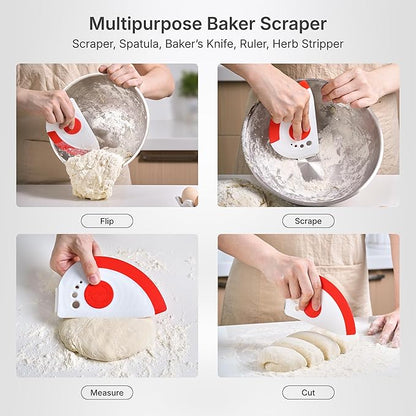 5-in-1 Dough Scraper & Flexible Bowl Scraper by Nextrend, Bread Scraper with Stainless Steel Edge, Ruler & Herb Stripper – BPA Free, Dishwasher Safe - Red - Image 2