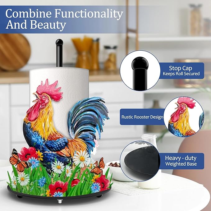 Hexagram Rooster Paper Towel Holder, Rooster Kitchen Bar Decor, Farmhouse Chicken Decor for Kitchen Bar Bathroom Countertop, Cottage core Chicken Housewarming Gifts for Women Men
