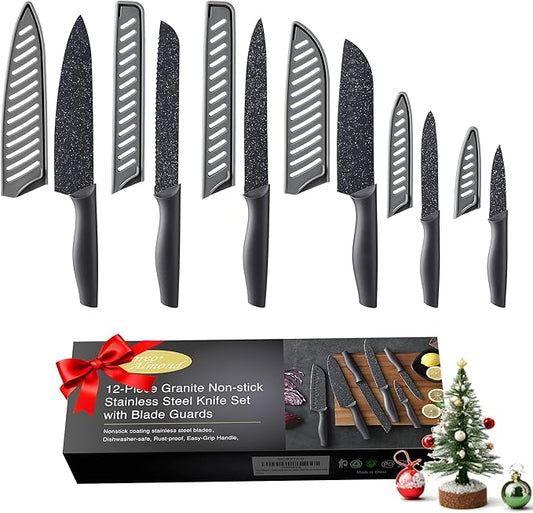 Marco Almond Kitchen Knife Set, KYA39 12-Piece Chef Knife Sets, 6 Knives with 6 Blade Guards, Stainless Steel Knives Set for Kitchen with Covers, Black