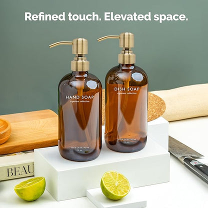 Vine Creations Amber Glass Soap Dispenser Set, Dish Soap and Hand Soap Dispenser Set with Stainless Steel Pump, 16 oz Glass Dispensers for Kitchen or Bathroom Decor (Amber Bottle/Brushed Brass Pump) - Image 6
