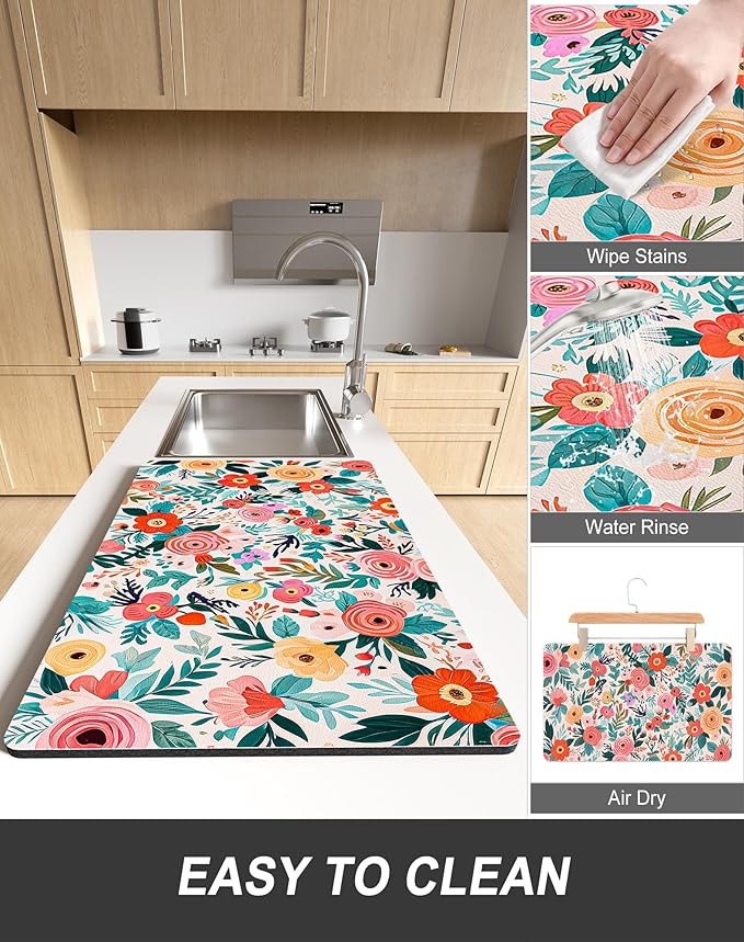 Rnivvi Dish Drying Mat for Kitchen Counter, 12 x 19" Cute Flower Super Absorbent Draining Pad, Non-Slip Heat Resistant Coffee Bar Mats for Coffee Machine Station Accessories, Colorful Dish Rack Pad - Image 6