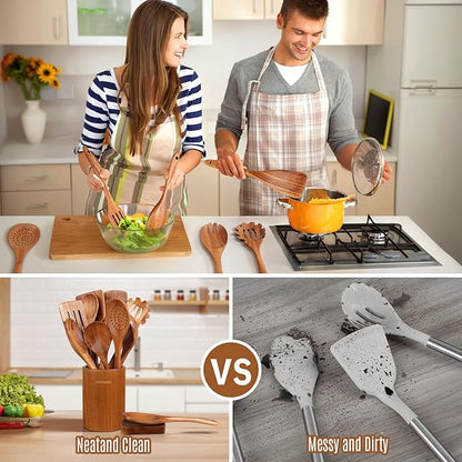Wooden Spoons for Cooking, 12PCS Teak Wooden Kitchen Utensil Set with Spoon Rest - Smooth Finish, Non-Stick, Comfortable Grip, Heat Resistant Cooking Utensils Set - Image 7