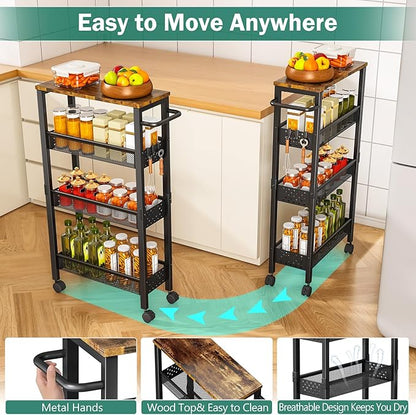 Vivihomety Utility Slim Storage Cart with Wheels, 4 Tier Small Rolling Cart with Wood Top, Metal Kitchen Bathroom Laundry Room Organization Trolley with Handle for Narrow Space – Black - Image 4