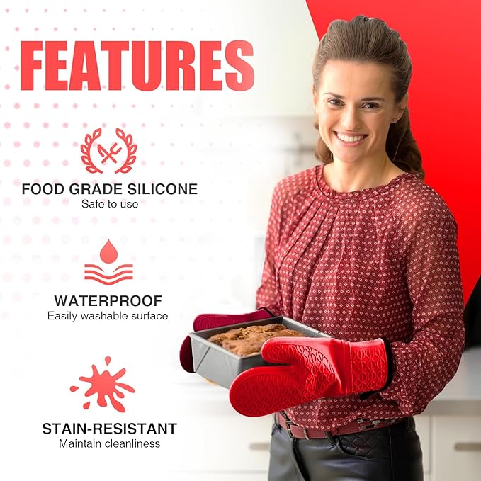 Silicone Oven Mitts, Heat Resistant 2PCS Oven Mitts with Soft Cotton Lining, Waterproof Non-Slip Grip Oven Glove, Kitchen Potholder Mits for BBQ, Baking, Cooking, 12.5 Inch - Red - Image 4