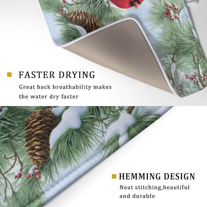 Winter Dish Drying Mat for Kitchen Counter Cardinal Birds Pine Trees Festival Microfiber Absorbent Dish Draining Reusable Washable Foldable Extra Large 18"x24" - Image 3