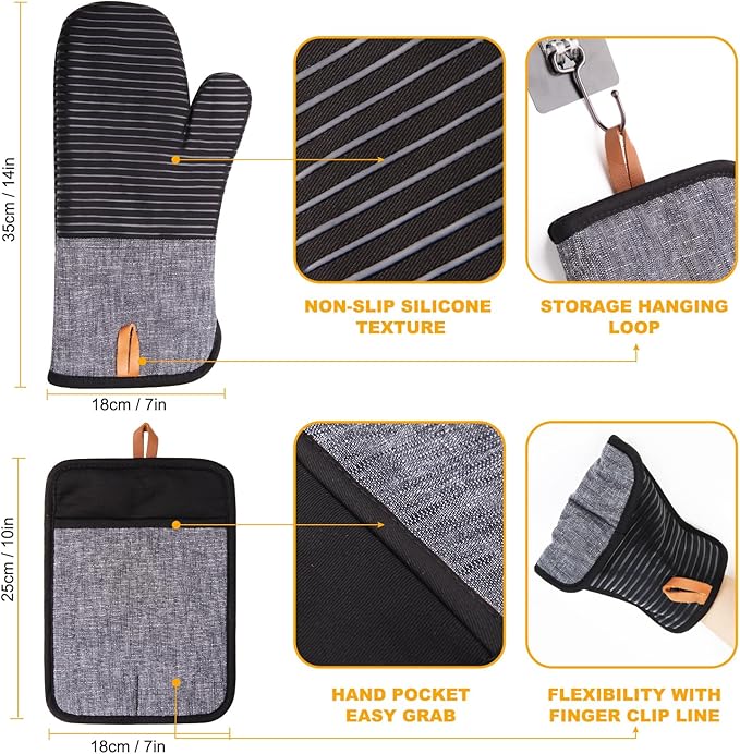 4PCS TIPTAP Oven Mitts, Kitchen Oven Mitts Set, Non Slip Cotton Oven Mitt and Pot Holders,Heat Resistant, Machine Washable,2 Long Mit and 2 Pot Holder(Black) - Image 2
