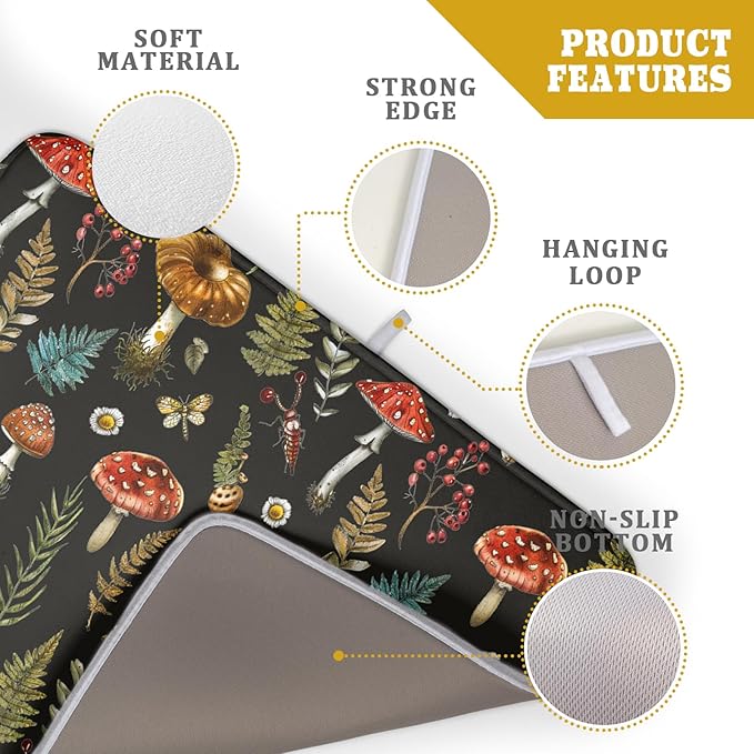 Natural Botanical Dish Drying Mat Mushroom Fern Leaves Berry Drainer Mat Black Drying Pad for Countertop 18 X 24 Inch - Image 4