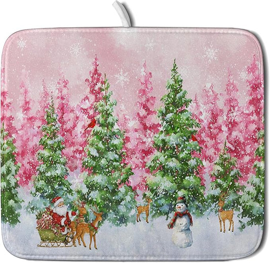 Santa Claus Dish Drying Mats for Kitchen Counter Watercolor Forest Decoration Coffee Mat for Table Decor by Giwawa