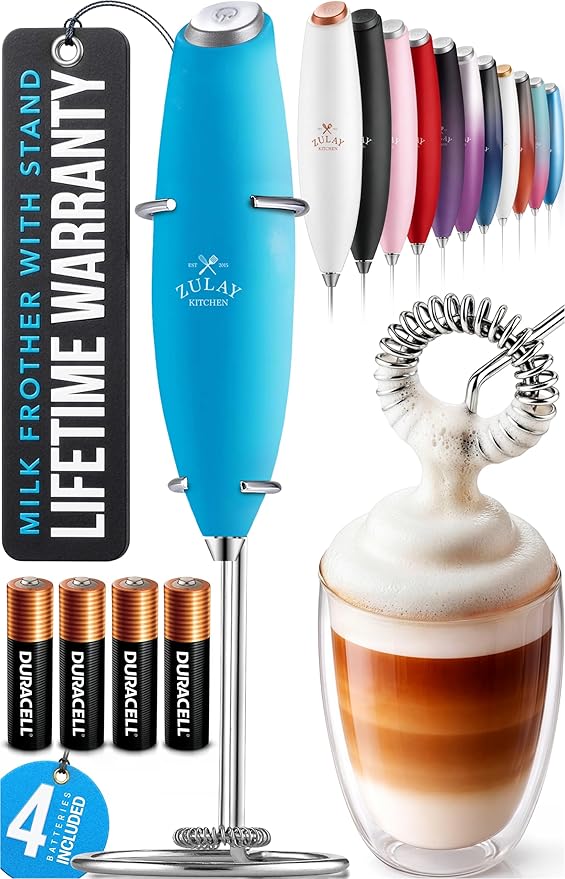 Zulay Kitchen Powerful Milk Frother Wand With 4 AA Duracell Batteries - Ultra Fast Handheld Drink Mixer - Electric Whisk Foam Maker for Coffee, Lattes, Cappuccino, Matcha & Creamer - Blue Teal by ZulayKitchen
