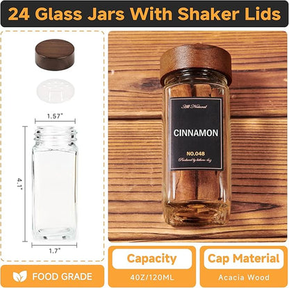 2-Tier Wall Mount Spice Rack Organizer with 12 Glass Jars, 216 Labels & Funnel - Screw/Adhesive Mount, Black Metal & Wood Spice Storage for Kitchen Pantry Cabinet, 11.6”L x 2.4”W x 3.2”H - Image 4