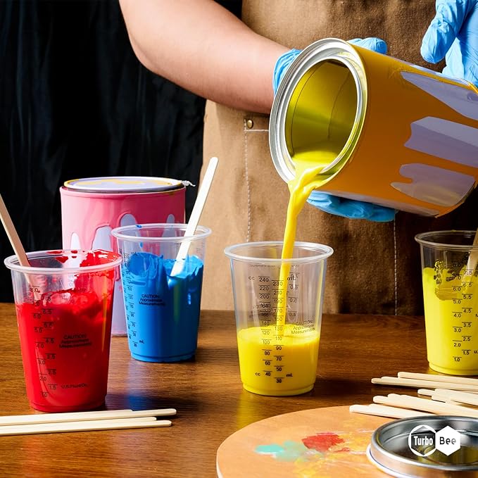 Turbo Bee Plastic Measuring Cups 8OZ,200 PACK Disposable Mixing Cups with 200 Mixing Sticks,Paint Graduated Measuring Tumblers for Epoxy Resin, Paint Mixing, Art DIY - Image 2