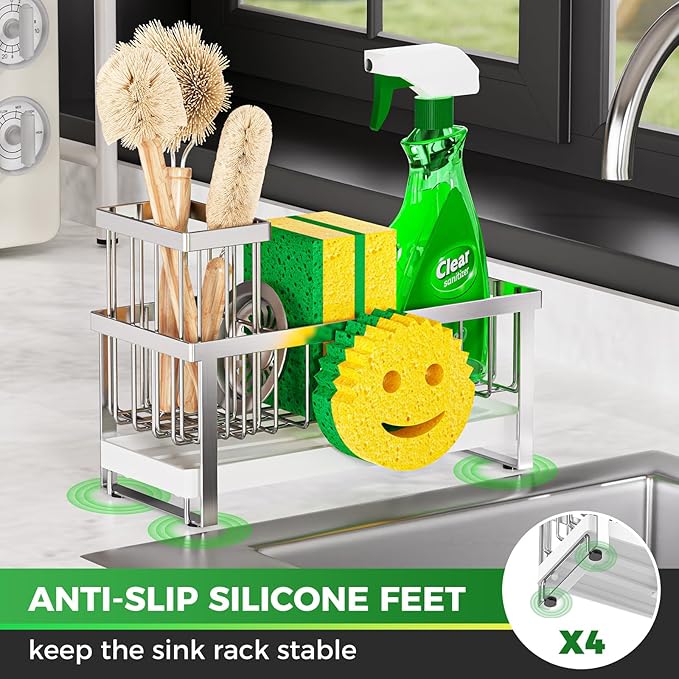 Sponge Holder for Kitchen Sink,Sink Caddy with Removable Dish Brush Holder,Self-Draining Kitchen Countertop Organizers and Storage Essentials,Soap Dispenser Organize and Home Decor-Silver - Image 3