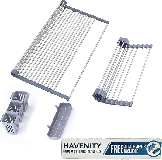 Havenity™ Expandable Roll Up Dish Drying Rack for Small Sinks - Expandable 12.8 to 22.8 Inch Over Sink Rack, Fits Apartments, RVs and Office Kitchens, Stainless Steel, 2 Baskets
