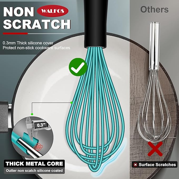 Walfos Silicone whisk,Whisks for Cooking Non Scratch, BPA Free whisk set of 4, 7+9+11in Balloon Whisks & 11in Flat Whisk, Heat Resistant(480°F).Great for Cooking in Pans, Baking, Whisking.Blue - Image 2