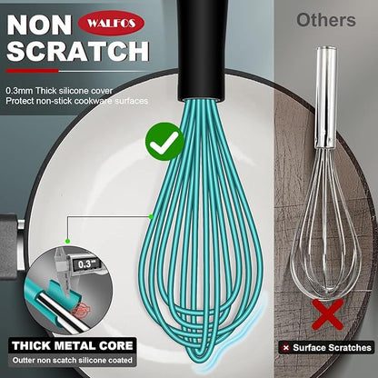 Walfos Silicone whisk,Whisks for Cooking Non Scratch, BPA Free whisk set of 4, 7+9+11in Balloon Whisks & 11in Flat Whisk, Heat Resistant(480°F).Great for Cooking in Pans, Baking, Whisking.Blue - Image 2