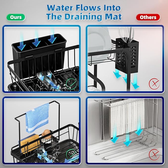 Dish Drying Rack, Stainless Steel-Dish Rack, Dish Racks for Kitchen Counter, Kitchen Dish Drainers with Removable Utensil Holder,New drain outlet,Plate Rack and Drainboard,(Black2 with Sponge Rack ) - Image 4