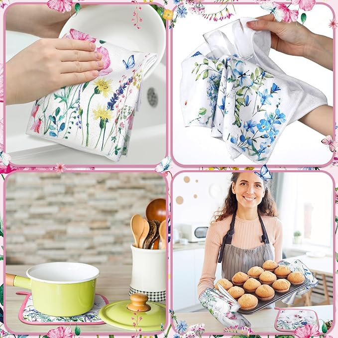 Leinuosen 6 Wild Flower Kitchen Towels Kitchen Decor and Accessories Set Floral Plant Oven Mitts and Pot Holders Sets Farmhouse Absorbent Dish Towels for Cooking Baking Grilling - Image 6