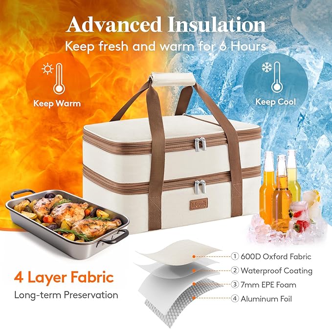 Lifewit Insulated Double Decker Casserole Carrier, Expandable Lasagna Lugger Tote Bag for Hot or Cold Food, Fits 9" x 13" Baking Dish for Potluck Parties, Picnic and Cookouts, Cream