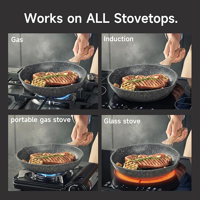 JEETEE 10 Inch Nonstick Frying Pan Stone Coating Cookware, Nonstick Omelette Skillet with Soft Touch Handle, Compatible with All Stoves - Image 7