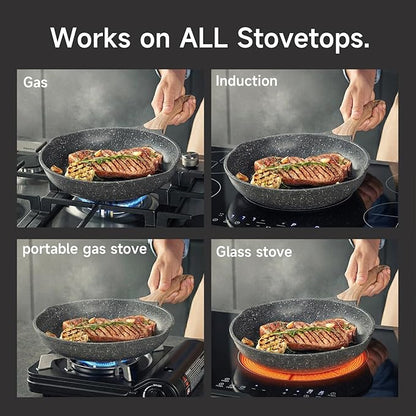 JEETEE 9.5 Inch Nonstick Frying Pan Stone Coating Cookware, Nonstick Omelette Skillet with Soft Touch Handle, Compatible with All Stoves - Image 7