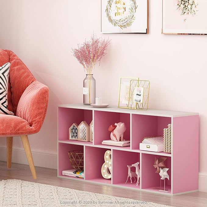 Furinno LUDER Book Shelf, 7-Cube Bookshelf, Bookcase with Open Shelves, 9.4 x 19.5 x 41.7, Easy Assembly, for Living Room, Bedroom, Home Office, White/Pink - Image 2