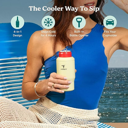 Reduce 4-in-1 Drink Cooler - Versatile Can & Bottle Holder with Vacuum Insulation - Keeps Drinks Cold Up to 4 Hours - Includes Bottle Opener - Fits Cupholders & Dishwasher Safe - 14oz - Lemon Luau