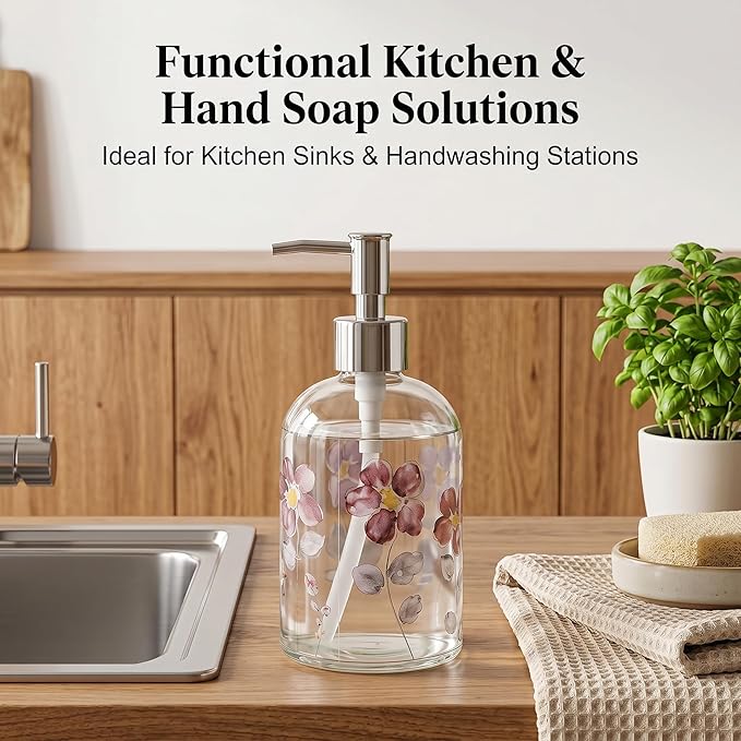 17oz Glass Soap Dispenser with Plastic Pump for Kitchen and Bathroom, Refillable Liquid Clear Bottle for Dish Soap & Hand Soap(Flower)