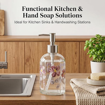 17oz Glass Soap Dispenser with Plastic Pump for Kitchen and Bathroom, Refillable Liquid Clear Bottle for Dish Soap & Hand Soap(Flower)