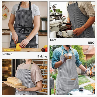 NLUS 2 Pcs Kitchen Cooking Aprons, Poly/Cotton Blend Adjustable Soft Bib Stripe Aprons with 2 Pockets for Women Men Chef (Blue Pinstripes/Black Pinstripes) - Image 7