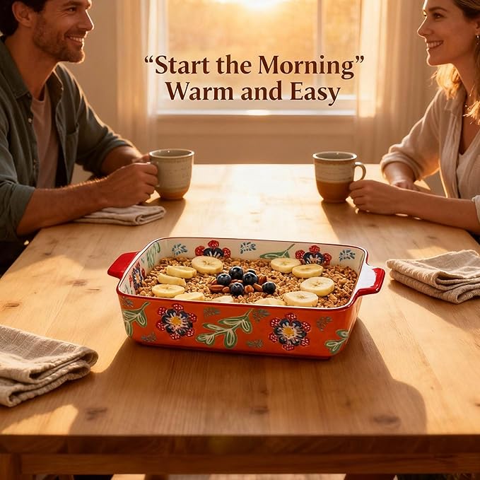 Ceramic Baking Dish Set of 2, 3QT & 1.2QT Stoneware Casserole Dishes for Oven, Rectangular Bakeware with Handles, Oven Safe 480°F, Microwave Dishwasher Safe, Lasagna & Brownie Pan – Warm Orange