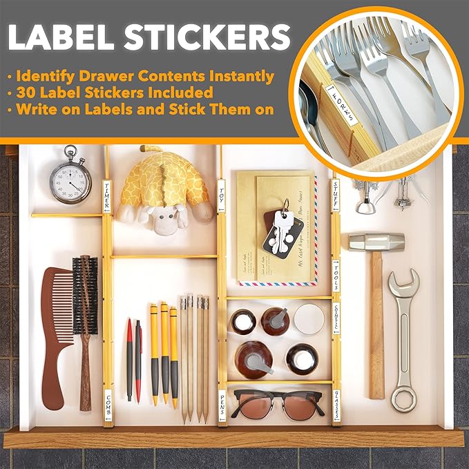 SpaceAid Bamboo Drawer Dividers with Inserts and Labels, Kitchen Adjustable Drawer Organizers, Expandable Organization for Home, Office, Dressers, 4 Dividers with 9 Inserts (17"-22" Natural) - Image 3