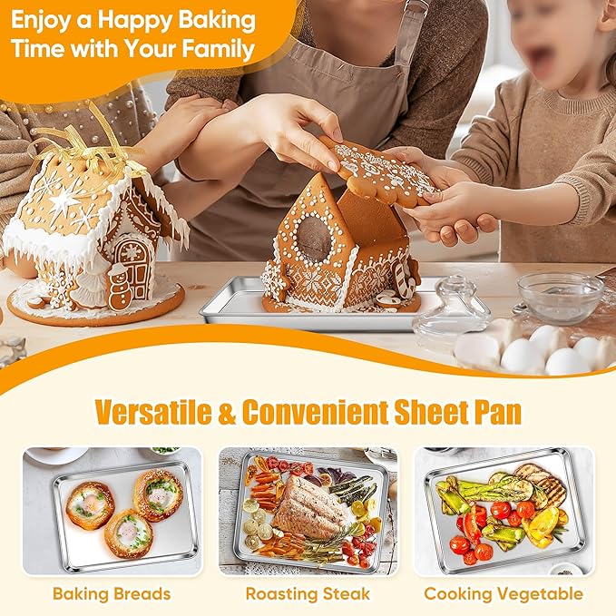 Homikit 2 Pack Baking Sheet, 9 x 7 Inches Stainless Steel Cookie Tray Set for Cooking Toasting, Mini Metal Cookie Toaster Oven Baking Pan Non Stick, Rustproof & Mirror Finish, Dishwasher Safe - Image 8