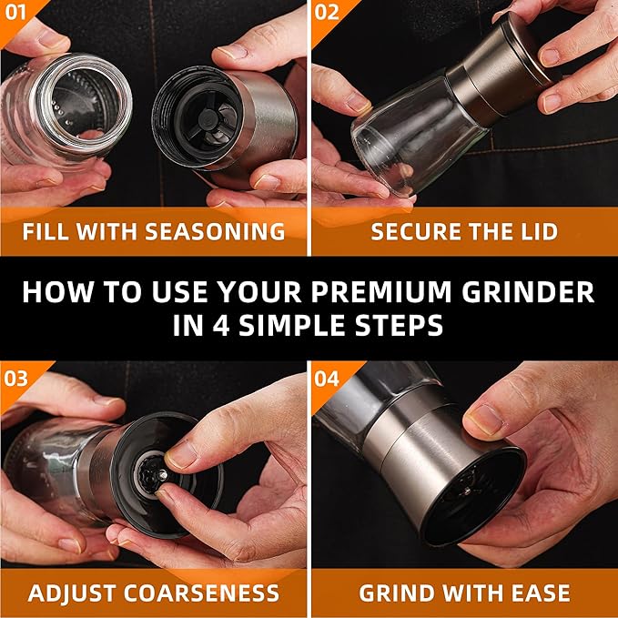 DAVIMADE Metal Bronze Salt and Pepper Grinder Set of 2，Manual Refillable Adjustable Coarseness Ceramic，Short Glass Bronze Salt and Pepper Shakers Spice Mill ，W/Silicone Funnel