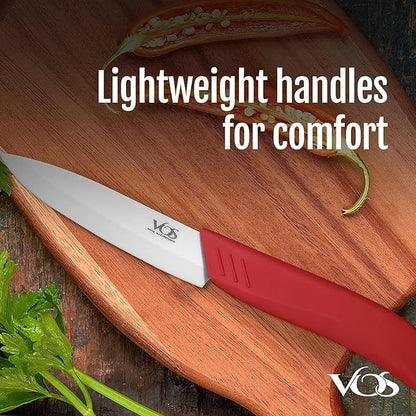 Vos Ceramic Knife Set in Elegant Gift Box, Ceramic Knives Set For Kitchen, Ultra Sharp Kitchen Knife Set with Covers, 4" 5" 6" Paring, Santoku & Chef Knife, Lightweight, Dishwasher safe (Red Handle)