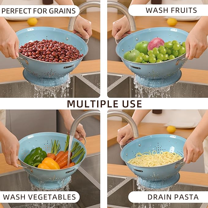 Metal Colander 2 Pack, Strainer Bowel with Handles 2Qt & 6Qt Powder Coated Solid Ring Base Heavey Duty Kitchen Drainer Basket for Pasta Veggies and Fruits,New Home Apartment Essentials (ArcticBlue) - Image 6