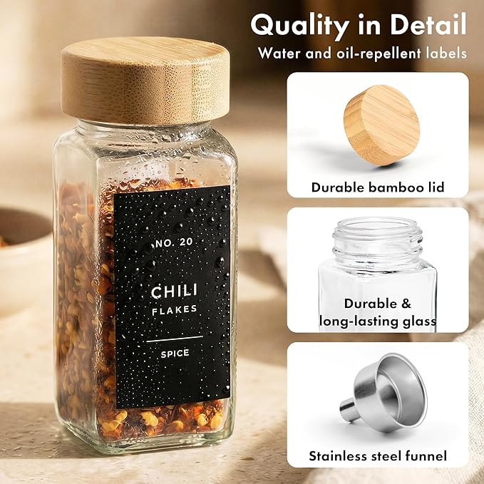 EDELHAUS® Square Spice Jars with Bamboo Wooden Lid (Pack of 24) Spice Jars with Shaker Insert and 240 Labels - Bamboo Lid Glass Container for Spice Organisation [4.3 in × 1.8 in] - Image 9