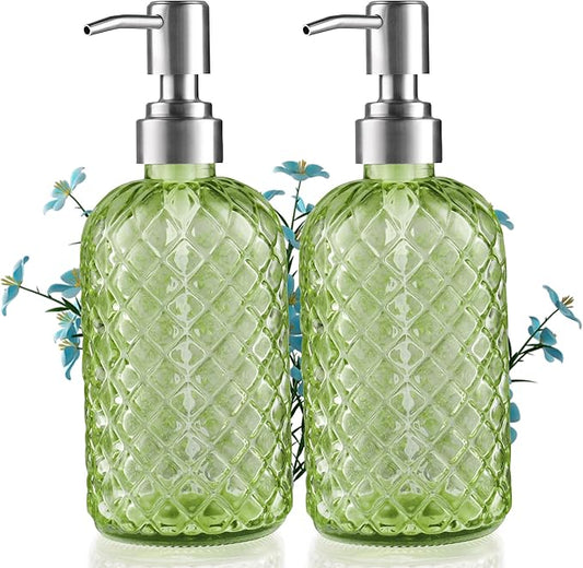 14 Oz Refillable Glass Soap Dispenser with Rust Proof Stainless Steel Pump, for Dispense Hand soap, Body wash, Lotion 2pack (Green)