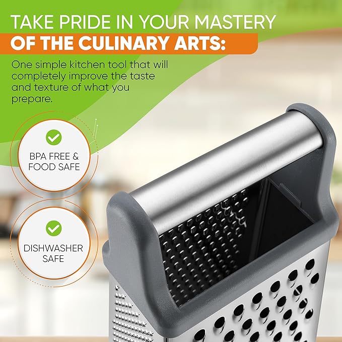 Spring Chef Professional Cheese Grater - Stainless Steel Box Grater for Kitchen, XL Size, 4 Sides - Perfect Shredder for Parmesan Cheese, Carrot, Potato, Ginger - Dishwasher Safe - Gray - Image 5